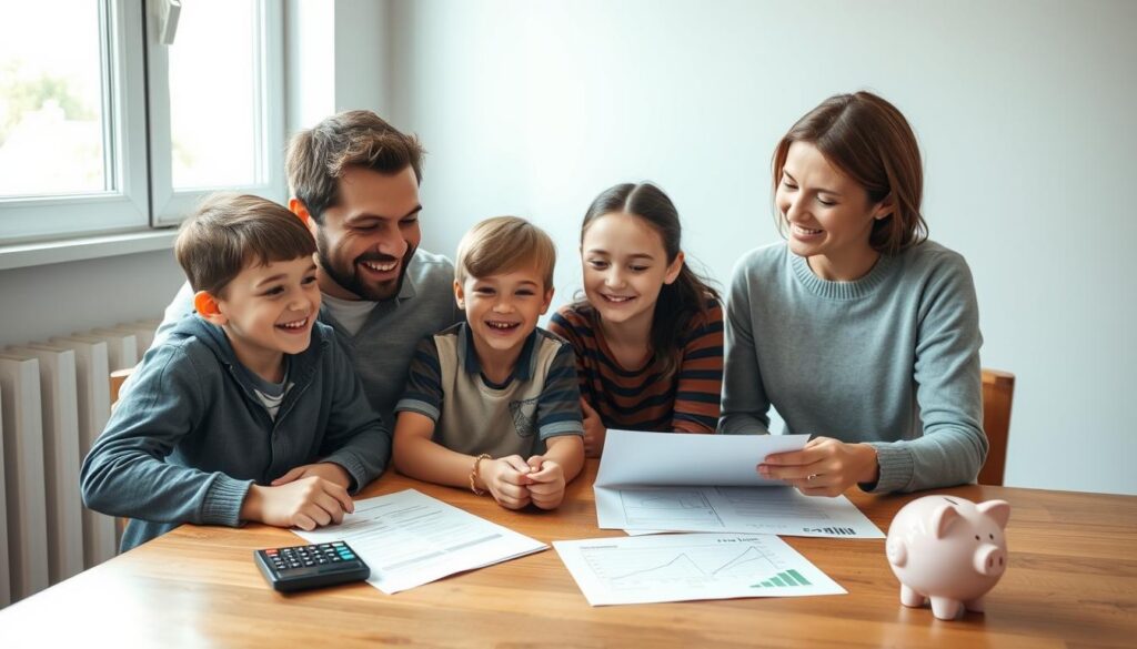 A cheerful family of four gathered around a wooden table, discussing financial planning and education. The parents, a man and a woman, sit with their two children, a boy and a girl, all dressed in casual, comfortable attire. Soft, natural lighting from a nearby window illuminates the scene, creating a warm and inviting atmosphere. The table is adorned with financial documents, a calculator, and a piggy bank, symbolizing the family's focus on personal finance. The expressions on their faces convey a sense of engaged discussion and collaboration, reflecting the importance of financial education within the household. A cheerful family of four gathered around a wooden table, discussing financial planning and education. The parents, a man and a woman, sit with their two children, a boy and a girl, all dressed in casual, comfortable attire. Soft, natural lighting from a nearby window illuminates the scene, creating a warm and inviting atmosphere. The table is adorned with financial documents, a calculator, and a piggy bank, symbolizing the family's focus on personal finance. The expressions on their faces convey a sense of engaged discussion and collaboration, reflecting the importance of financial education within the household.