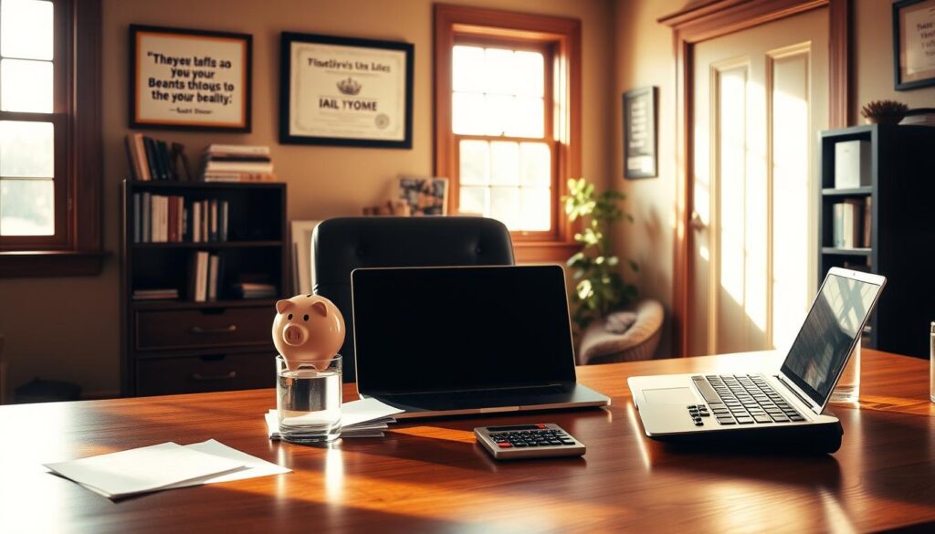 A cozy, well-lit home office with a sturdy wooden desk, a laptop, and a piggy bank prominently displayed. On the desk, a stack of documents, a calculator, and a glass of water, all neatly arranged. The walls are adorned with motivational quotes and a framed certificate, creating a sense of financial responsibility and preparedness. Warm, natural lighting filters in through a large window, casting a comforting glow over the scene. The overall mood is one of organization, discipline, and a strong commitment to financial security.