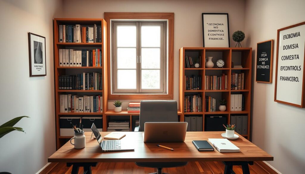 A cozy, well-organized home office with a neatly arranged desk, a sturdy wooden bookshelf filled with finance-related books, and a large window that lets in natural light. On the desk, a laptop, a calculator, and various stationery items are carefully positioned, conveying a sense of financial control and attention to detail. The walls are adorned with minimalist artwork and motivational quotes related to personal finance. Warm, soft lighting illuminates the scene, creating a calming and productive atmosphere. The overall composition suggests a harmonious blend of functionality and aesthetics, reflecting the concept of "Economia doméstica e controle financeiro". A cozy, well-organized home office with a neatly arranged desk, a sturdy wooden bookshelf filled with finance-related books, and a large window that lets in natural light. On the desk, a laptop, a calculator, and various stationery items are carefully positioned, conveying a sense of financial control and attention to detail. The walls are adorned with minimalist artwork and motivational quotes related to personal finance. Warm, soft lighting illuminates the scene, creating a calming and productive atmosphere. The overall composition suggests a harmonious blend of functionality and aesthetics, reflecting the concept of "Economia doméstica e controle financeiro".