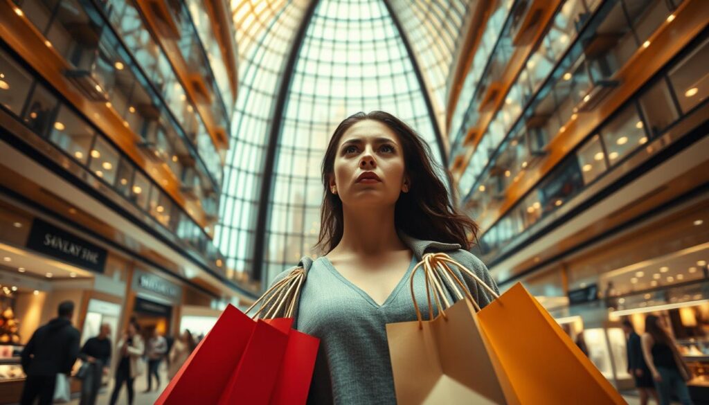 A lavish shopping mall interior, with towering glass atrium and sleek modern architecture. In the foreground, a woman stands transfixed, surrounded by an array of shopping bags, her expression one of anxious fixation. The middle ground is filled with other shoppers, some carrying bags, others pausing to gaze at displays. Warm, natural lighting filters through the expansive windows, creating a sense of opulence and indulgence. The overall mood is one of obsession and compulsion, hinting at the darker aspects of consumer culture. Cinematic camera angle, emphasizing the scale and grandeur of the setting, and the woman's isolation within it. A lavish shopping mall interior, with towering glass atrium and sleek modern architecture. In the foreground, a woman stands transfixed, surrounded by an array of shopping bags, her expression one of anxious fixation. The middle ground is filled with other shoppers, some carrying bags, others pausing to gaze at displays. Warm, natural lighting filters through the expansive windows, creating a sense of opulence and indulgence. The overall mood is one of obsession and compulsion, hinting at the darker aspects of consumer culture. Cinematic camera angle, emphasizing the scale and grandeur of the setting, and the woman's isolation within it.