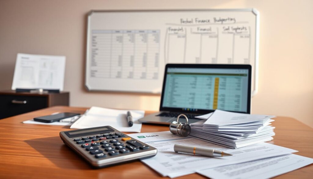 A neatly organized personal finance planner with a clean, minimalist design. In the foreground, a calculator, pen, and stack of financial documents sit atop a wooden desk, bathed in warm, directional lighting. In the middle ground, a laptop displays a spreadsheet with meticulously categorized income and expenses. Behind it, a wall-mounted whiteboard showcases a well-structured budget plan, with carefully drawn sections for different financial goals. The overall atmosphere conveys a sense of control, efficiency, and a thoughtful approach to personal budgeting and financial planning. A neatly organized personal finance planner with a clean, minimalist design. In the foreground, a calculator, pen, and stack of financial documents sit atop a wooden desk, bathed in warm, directional lighting. In the middle ground, a laptop displays a spreadsheet with meticulously categorized income and expenses. Behind it, a wall-mounted whiteboard showcases a well-structured budget plan, with carefully drawn sections for different financial goals. The overall atmosphere conveys a sense of control, efficiency, and a thoughtful approach to personal budgeting and financial planning.