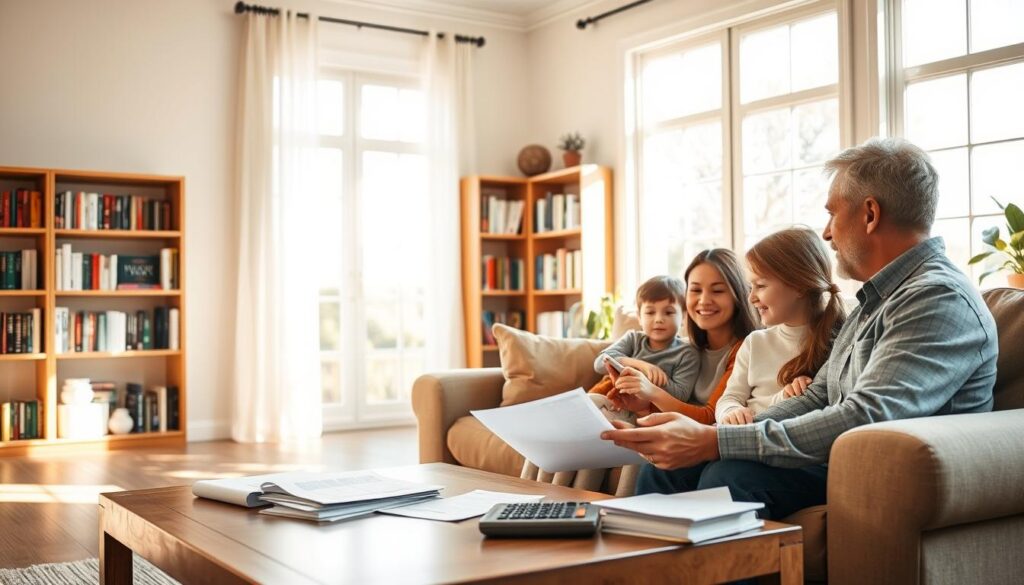 A peaceful, sun-drenched living room with a warm, inviting atmosphere. In the foreground, a family of four - parents and two children - sitting together on a comfortable couch, engaged in a discussion about financial planning. They have open, attentive expressions, suggesting an educational and informative conversation. On the coffee table in front of them, there are papers, a calculator, and other financial documents, hinting at the educational nature of the scene. The middle ground features bookshelves filled with personal finance books, while the background showcases large windows allowing natural light to pour in, creating a sense of openness and clarity. The overall mood is one of familial bonding, financial literacy, and a desire to improve personal money management. A peaceful, sun-drenched living room with a warm, inviting atmosphere. In the foreground, a family of four - parents and two children - sitting together on a comfortable couch, engaged in a discussion about financial planning. They have open, attentive expressions, suggesting an educational and informative conversation. On the coffee table in front of them, there are papers, a calculator, and other financial documents, hinting at the educational nature of the scene. The middle ground features bookshelves filled with personal finance books, while the background showcases large windows allowing natural light to pour in, creating a sense of openness and clarity. The overall mood is one of familial bonding, financial literacy, and a desire to improve personal money management.