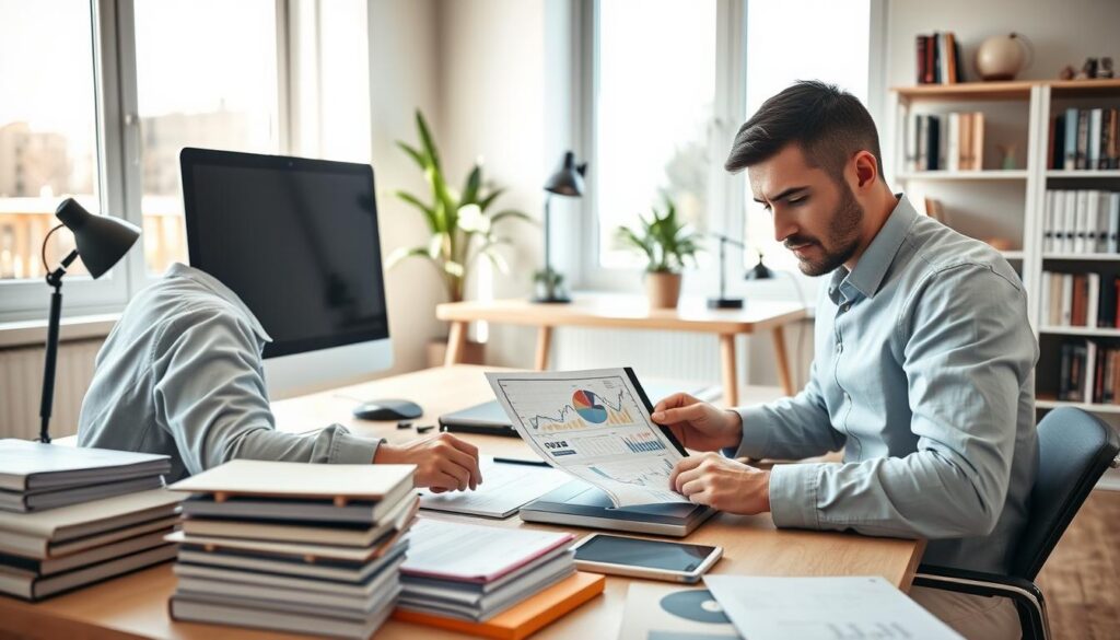 A sophisticated financial management scene with a focus on personal finance and side income streams. In the foreground, a person carefully analyzing financial documents and charts on a laptop, surrounded by neatly organized physical records and a well-stocked bookshelf. The middle ground features a sleek, minimalist desk with a modern desktop computer, a stylish desk lamp, and a potted plant, conveying a sense of productivity and focus. The background depicts a sun-drenched home office, with large windows allowing natural light to filter in, casting a warm, inviting glow. The overall mood is one of diligence, organization, and a pursuit of financial stability and growth. A sophisticated financial management scene with a focus on personal finance and side income streams. In the foreground, a person carefully analyzing financial documents and charts on a laptop, surrounded by neatly organized physical records and a well-stocked bookshelf. The middle ground features a sleek, minimalist desk with a modern desktop computer, a stylish desk lamp, and a potted plant, conveying a sense of productivity and focus. The background depicts a sun-drenched home office, with large windows allowing natural light to filter in, casting a warm, inviting glow. The overall mood is one of diligence, organization, and a pursuit of financial stability and growth.