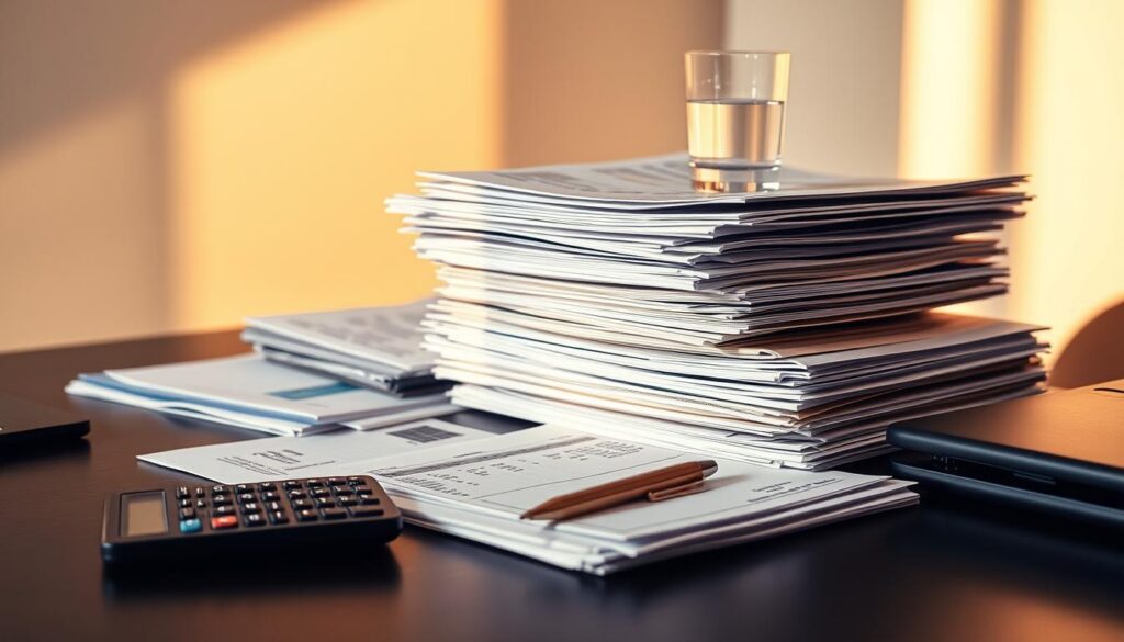 A well-organized financial debt management desk with a stack of documents, invoices, and folders neatly arranged. A calculator, pen, and a clear glass of water sit atop the desk, evoking a sense of focus and control. Warm, directional lighting casts subtle shadows, creating depth and dimensionality. The background is a serene, neutral-toned office setting, free of distractions, allowing the desk and its contents to be the center of attention. The overall mood is one of calm, clarity, and a methodical approach to tackling financial obligations. A well-organized financial debt management desk with a stack of documents, invoices, and folders neatly arranged. A calculator, pen, and a clear glass of water sit atop the desk, evoking a sense of focus and control. Warm, directional lighting casts subtle shadows, creating depth and dimensionality. The background is a serene, neutral-toned office setting, free of distractions, allowing the desk and its contents to be the center of attention. The overall mood is one of calm, clarity, and a methodical approach to tackling financial obligations.