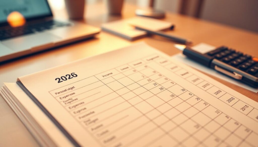 Detailed financial ledger with personal budget categories for the year 2026, rendered in a warm, inviting color palette. The ledger page has a clean, minimalist design with carefully organized columns for income, expenses, and savings. In the background, a soft, blurred desktop workspace with a laptop, pen, and calculator, creating a sense of a focused, organized personal finance environment. Lighting is natural, with a gentle glow from a window source. The overall mood conveys a sense of financial control and planning for the year ahead. Detailed financial ledger with personal budget categories for the year 2026, rendered in a warm, inviting color palette. The ledger page has a clean, minimalist design with carefully organized columns for income, expenses, and savings. In the background, a soft, blurred desktop workspace with a laptop, pen, and calculator, creating a sense of a focused, organized personal finance environment. Lighting is natural, with a gentle glow from a window source. The overall mood conveys a sense of financial control and planning for the year ahead.