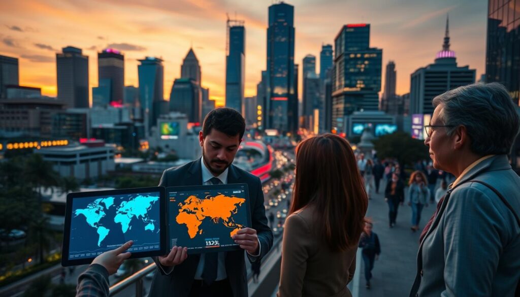 A bustling financial district skyline during twilight, showcasing modern skyscrapers and vibrant city lights symbolizing emerging markets. In the foreground, a diverse group of professionals dressed in business attire, engaged in a discussion over a digital tablet displaying world maps and market data. In the middle ground, a busy street with people walking, conveying a sense of opportunity and growth. The background features a sunset casting warm hues over the buildings, creating an atmosphere of optimism and potential. Soft lighting enhances the scene, with a slight focus on the professionals to emphasize collaboration and investment strategies. Capture this scene with a wide-angle lens to convey depth, with a warm and inviting mood.