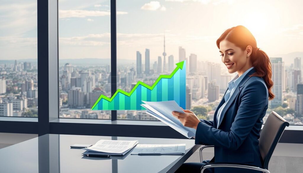 A digital illustration representing "Renda Fixa Investimentos Brasil." In the foreground, a confident businesswoman in smart casual attire is reviewing financial documents at a sleek modern desk, emphasizing the theme of stability in investments. She is focused, with a slight smile, symbolizing optimism in fixed income during high-interest times. The middle layer features a vibrant, stylized graph indicating rising investment trends, with green and blue tones reflecting growth and security. In the background, a panoramic cityscape of São Paulo showcases iconic skyscrapers under a bright, sunny sky, conveying a sense of opportunity and economic vitality. The overall atmosphere is professional and inspiring, with soft lighting that highlights the subject's determination and the promising financial landscape. A digital illustration representing "Renda Fixa Investimentos Brasil." In the foreground, a confident businesswoman in smart casual attire is reviewing financial documents at a sleek modern desk, emphasizing the theme of stability in investments. She is focused, with a slight smile, symbolizing optimism in fixed income during high-interest times. The middle layer features a vibrant, stylized graph indicating rising investment trends, with green and blue tones reflecting growth and security. In the background, a panoramic cityscape of São Paulo showcases iconic skyscrapers under a bright, sunny sky, conveying a sense of opportunity and economic vitality. The overall atmosphere is professional and inspiring, with soft lighting that highlights the subject's determination and the promising financial landscape.