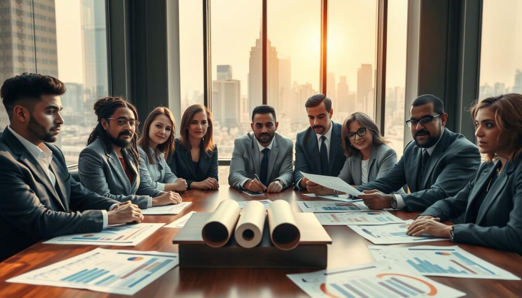 A diverse group of professionals in business attire is gathered around a large, round table, examining plans for social protection policies after the pandemic. In the foreground, charts and graphs depicting social inequality are spread out. In the middle ground, the expressions of determination and collaboration are visible on their faces, symbolizing hope and resilience. The background features a large window with a city skyline, symbolizing a vibrant economic recovery, bathed in warm, natural sunlight that creates a sense of optimism. The overall atmosphere is one of urgency yet hopefulness, emphasizing the importance of collective action in addressing social challenges in the post-pandemic world. The angle is slightly elevated, capturing both the group dynamics and the visual representation of their goals. A diverse group of professionals in business attire is gathered around a large, round table, examining plans for social protection policies after the pandemic. In the foreground, charts and graphs depicting social inequality are spread out. In the middle ground, the expressions of determination and collaboration are visible on their faces, symbolizing hope and resilience. The background features a large window with a city skyline, symbolizing a vibrant economic recovery, bathed in warm, natural sunlight that creates a sense of optimism. The overall atmosphere is one of urgency yet hopefulness, emphasizing the importance of collective action in addressing social challenges in the post-pandemic world. The angle is slightly elevated, capturing both the group dynamics and the visual representation of their goals.