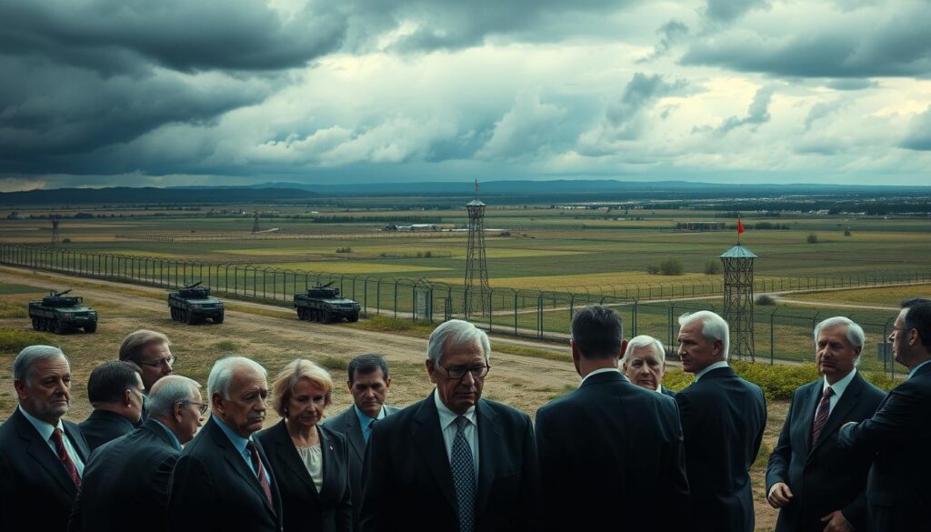A dramatic scene illustrating the geopolitical tensions between Russia and Ukraine, focusing on a sprawling, tense border landscape. In the foreground, a group of diverse diplomats in professional business attire engage in serious discussions, their expressions grave and concerned. The middle ground captures armored military vehicles stationed along a tense border with barbed wire fences and watchtowers, symbolizing the conflict. In the background, an ominous sky filled with dark clouds suggests impending storms, while distant silhouettes of urban areas hint at civilian life disrupted by the conflict. The mood is charged with uncertainty, emphasizing the seriousness of the geopolitical situation. Soft, diffused lighting enhances the somber atmosphere, while a wide-angle perspective provides a comprehensive view of the region's complexity. A dramatic scene illustrating the geopolitical tensions between Russia and Ukraine, focusing on a sprawling, tense border landscape. In the foreground, a group of diverse diplomats in professional business attire engage in serious discussions, their expressions grave and concerned. The middle ground captures armored military vehicles stationed along a tense border with barbed wire fences and watchtowers, symbolizing the conflict. In the background, an ominous sky filled with dark clouds suggests impending storms, while distant silhouettes of urban areas hint at civilian life disrupted by the conflict. The mood is charged with uncertainty, emphasizing the seriousness of the geopolitical situation. Soft, diffused lighting enhances the somber atmosphere, while a wide-angle perspective provides a comprehensive view of the region's complexity.