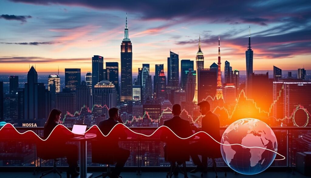 A dynamic city skyline during twilight, showcasing global financial centers like New York, London, and Tokyo in the background, with colorful stock market graphs and charts radiating outwards. In the foreground, a diverse group of business professionals in formal attire, gathered around a modern conference table, analyzing data on laptops and digital screens. Soft, ambient lighting highlights the intensity of their discussion. Below, a fluctuating line graph representing the decline of American interest rates merges with a globe, symbolizing the interconnectedness of global markets. The overall mood is one of urgency and collaboration, capturing the impact of American interest rates on worldwide investments. A dynamic city skyline during twilight, showcasing global financial centers like New York, London, and Tokyo in the background, with colorful stock market graphs and charts radiating outwards. In the foreground, a diverse group of business professionals in formal attire, gathered around a modern conference table, analyzing data on laptops and digital screens. Soft, ambient lighting highlights the intensity of their discussion. Below, a fluctuating line graph representing the decline of American interest rates merges with a globe, symbolizing the interconnectedness of global markets. The overall mood is one of urgency and collaboration, capturing the impact of American interest rates on worldwide investments.