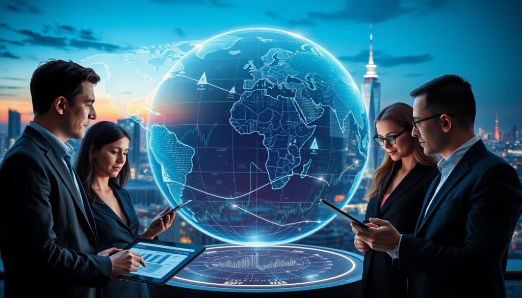 A dynamic, high-tech visualization of Artificial Intelligence impacting the Global Investment Market. In the foreground, display a diverse group of professionals in business attire, engaged in discussion over digital investment charts and AI data analytics on sleek tablets. The middle ground features a transparent digital globe, showcasing interconnected financial markets across continents, with glowing lines representing data flows. In the background, a futuristic cityscape is illuminated at dusk, symbolizing progress and opportunity, with soft, ambient lighting enhancing the scene. Use a wide-angle lens effect to emphasize the grandeur of the city and the importance of AI in investment decisions. The mood should be inspiring and innovative, reflecting a future where technology drives financial success. A dynamic, high-tech visualization of Artificial Intelligence impacting the Global Investment Market. In the foreground, display a diverse group of professionals in business attire, engaged in discussion over digital investment charts and AI data analytics on sleek tablets. The middle ground features a transparent digital globe, showcasing interconnected financial markets across continents, with glowing lines representing data flows. In the background, a futuristic cityscape is illuminated at dusk, symbolizing progress and opportunity, with soft, ambient lighting enhancing the scene. Use a wide-angle lens effect to emphasize the grandeur of the city and the importance of AI in investment decisions. The mood should be inspiring and innovative, reflecting a future where technology drives financial success.