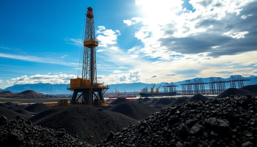 A dynamic representation of energy and industrial commodities, showcasing a powerful oil drilling rig in the foreground with vibrant blue skies overhead. The rig is surrounded by sprawling fields of iron ore deposits, glistening in the sunlight. In the middle ground, an industrial port is bustling with cargo ships loaded with steel and other minerals. The background features distant mountains under an overcast sky, symbolizing vast natural resources. The scene is drenched in natural light, creating a contrast between the dark metals and the bright environment. The mood is optimistic and industrious, reflecting economic opportunity and growth. Capture the image from a low angle to emphasize the scale of the machinery and the natural landscape, while ensuring a professional and polished look. A dynamic representation of energy and industrial commodities, showcasing a powerful oil drilling rig in the foreground with vibrant blue skies overhead. The rig is surrounded by sprawling fields of iron ore deposits, glistening in the sunlight. In the middle ground, an industrial port is bustling with cargo ships loaded with steel and other minerals. The background features distant mountains under an overcast sky, symbolizing vast natural resources. The scene is drenched in natural light, creating a contrast between the dark metals and the bright environment. The mood is optimistic and industrious, reflecting economic opportunity and growth. Capture the image from a low angle to emphasize the scale of the machinery and the natural landscape, while ensuring a professional and polished look.