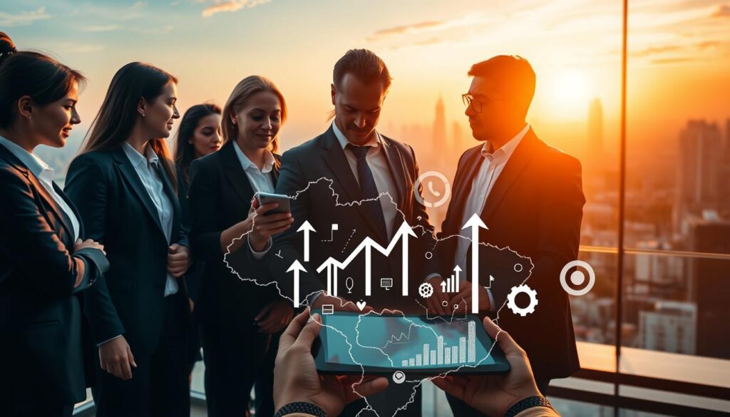 A dynamic scene depicting the regulatory landscape of Brazil's financial market, focusing on challenges and opportunities. In the foreground, a group of diverse professionals in business attire engaged in deep discussion over a modern digital tablet displaying data analytics, suggesting collaboration and innovation. The middle ground features a stylized map of Brazil overlaid with symbols representing financial regulations, technology, and growth, such as upward arrows, gears, and digital elements. In the background, a skyline of São Paulo bathed in warm, sunrise light, symbolizes the awakening of new opportunities in finance. The atmosphere is one of optimism and forward-thinking, conveying a sense of hope amidst regulatory complexities.