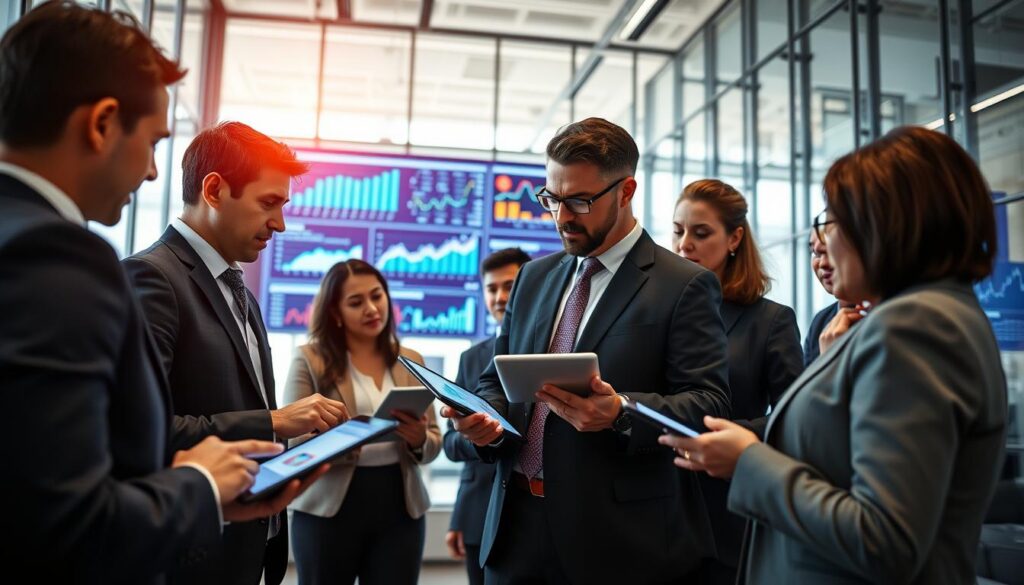 A dynamic scene illustrating the transformation of financial customer behavior in a fintech environment. In the foreground, a diverse group of professionals in smart business attire are engaged in discussion, analyzing digital interfaces and data on tablets and laptops. In the middle ground, large screens display vibrant graphs and analytics, showcasing trends and insights. The background features a modern, sleek office space with glass windows, allowing natural light to flood the area. The atmosphere is focused and energetic, reflecting innovation and collaboration. The perspective is slightly angled, capturing the depth of the workspace. Use bright, uplifting colors to convey optimism and progress in the financial sector, while ensuring a clean and professional composition. A dynamic scene illustrating the transformation of financial customer behavior in a fintech environment. In the foreground, a diverse group of professionals in smart business attire are engaged in discussion, analyzing digital interfaces and data on tablets and laptops. In the middle ground, large screens display vibrant graphs and analytics, showcasing trends and insights. The background features a modern, sleek office space with glass windows, allowing natural light to flood the area. The atmosphere is focused and energetic, reflecting innovation and collaboration. The perspective is slightly angled, capturing the depth of the workspace. Use bright, uplifting colors to convey optimism and progress in the financial sector, while ensuring a clean and professional composition.
