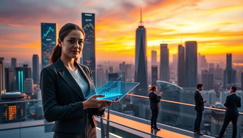 A futuristic cityscape showcasing "Tokenization of Real World Assets." In the foreground, a professional businesswoman in smart attire stands confidently, holding a transparent digital tablet displaying blockchain graphs. The middle layer features skyscrapers adorned with holographic displays, symbolizing finance and innovation, while people in business attire engage in discussions and exchange ideas. The background is a vibrant skyline during sunset, with warm orange and purple hues blending into the sky, reflecting a sense of optimism and growth. Soft lighting illuminates the scene, highlighting the advancements in technology and finance. The overall atmosphere is dynamic and forward-looking, embodying the transformative power of tokenization in the financial landscape. A futuristic cityscape showcasing "Tokenization of Real World Assets." In the foreground, a professional businesswoman in smart attire stands confidently, holding a transparent digital tablet displaying blockchain graphs. The middle layer features skyscrapers adorned with holographic displays, symbolizing finance and innovation, while people in business attire engage in discussions and exchange ideas. The background is a vibrant skyline during sunset, with warm orange and purple hues blending into the sky, reflecting a sense of optimism and growth. Soft lighting illuminates the scene, highlighting the advancements in technology and finance. The overall atmosphere is dynamic and forward-looking, embodying the transformative power of tokenization in the financial landscape.