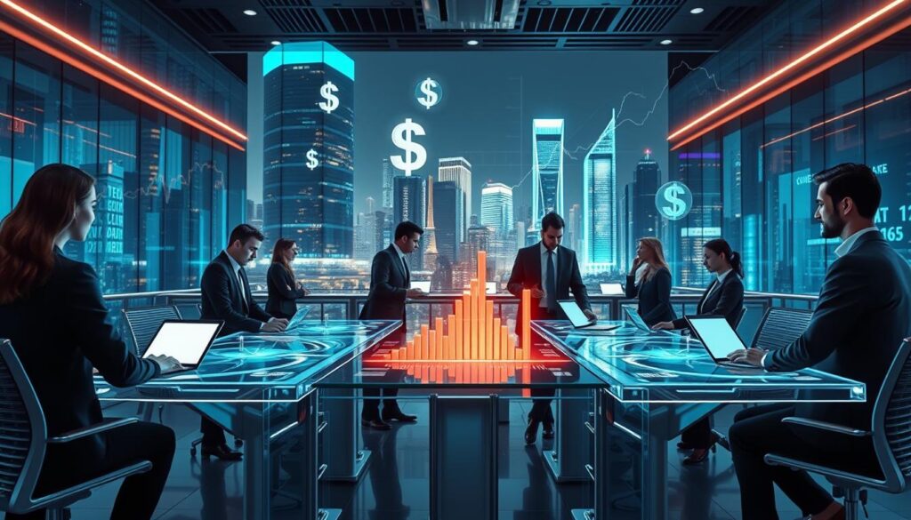 A futuristic digital workspace focusing on financial operations in the age of digital transformation. In the foreground, a diverse group of professionals in smart business attire collaborate at sleek, transparent desks equipped with holographic financial data displays. In the middle, animated graphs and currency symbols float in the air, emphasizing the dynamic change in financial processes. The background features a modern city skyline with skyscrapers reflecting bright digital screens showcasing financial information. Bright ambient lighting illuminates the scene, creating a vibrant and motivational atmosphere. The camera angle captures a wide view of the entire workspace, conveying a sense of progress and innovation in finance.