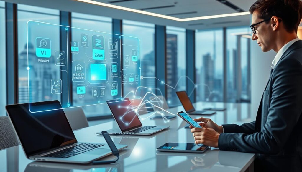 A futuristic office environment filled with advanced digital payment technologies. In the foreground, a professional individual in business attire engages with a holographic interface displaying various digital payment options. In the middle ground, sleek laptops and smartphones showcase payment processing apps, while connections between devices are illustrated by glowing lines of data flow. The background features a modern cityscape through large windows, symbolizing global connectivity. Soft, ambient lighting creates an innovative and optimistic atmosphere, accentuated by reflective surfaces and a clean, minimalist design. The overall mood conveys excitement and progress in the realm of digital payment innovation. A futuristic office environment filled with advanced digital payment technologies. In the foreground, a professional individual in business attire engages with a holographic interface displaying various digital payment options. In the middle ground, sleek laptops and smartphones showcase payment processing apps, while connections between devices are illustrated by glowing lines of data flow. The background features a modern cityscape through large windows, symbolizing global connectivity. Soft, ambient lighting creates an innovative and optimistic atmosphere, accentuated by reflective surfaces and a clean, minimalist design. The overall mood conveys excitement and progress in the realm of digital payment innovation.