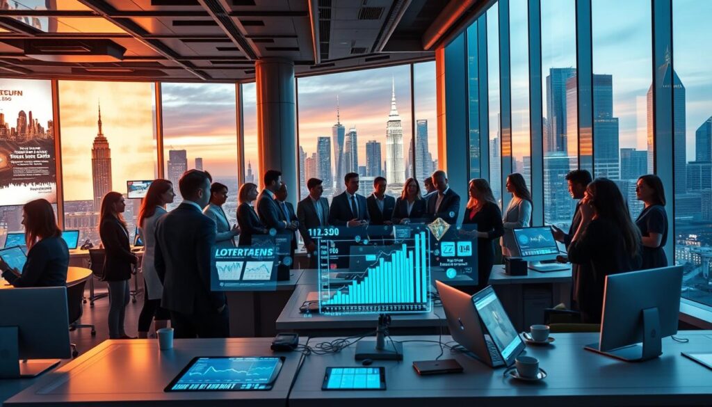 A futuristic office space bustling with innovation in financial technology. In the foreground, a diverse group of professionals in business attire, engaged in lively discussion while analyzing holographic data projections of blockchain networks and digital currencies. In the middle ground, sleek desks equipped with advanced electronic devices displaying graphs and charts of financial trends. In the background, large windows show a vibrant city skyline at dusk, with digital advertisements and glowing skyscrapers symbolizing the financial sector's evolution. The lighting is warm and dynamic, highlighting the energy of the environment. The atmosphere conveys a sense of excitement and potential, representing the emerging trends in financial innovation beyond cryptocurrencies.