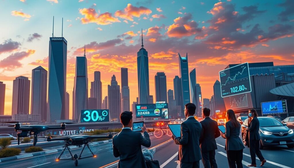 A modern city skyline at dusk, with futuristic skyscrapers and dynamic streets bustling with digital screens displaying economic data and AI-driven technology visuals. In the foreground, diverse professionals in business attire engage in discussions with tablets and holographic displays, showcasing graphs and charts representing macroeconomic trends. The middle ground features autonomous drones and electric vehicles moving efficiently, symbolizing automation's role in the economy. The background includes a vibrant sunset casting warm lighting over the scene, with clouds reflecting orange and purple hues. The atmosphere is one of innovation and optimism, highlighting the intersection of emerging technologies and economic transformation.