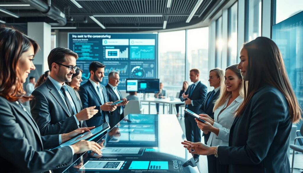 A modern digital banking environment showcasing the transformative impact of digital technology on customer experience. In the foreground, a diverse group of professionals in smart business attire engages with advanced digital interfaces, such as touchscreens and holograms, displaying interactive banking services. In the middle, a sleek, open-design office space, with large windows allowing natural light to pour in, adds an inviting atmosphere. The background features digital displays with real-time analytics and customer feedback, illustrating innovation. The lighting is bright and optimistic, conveying a sense of progress and efficiency. The overall mood is one of collaboration and forward-thinking in the context of digital transformation in banking.