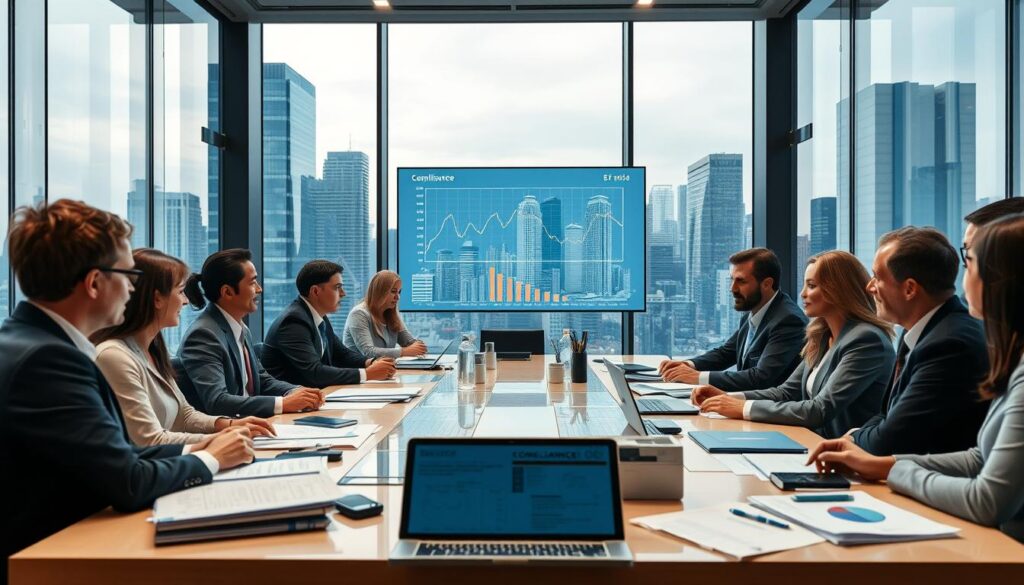 A modern financial office setting showcasing compliance and regulatory challenges in the global financial market. In the foreground, a diverse group of professionals in business attire engages in a discussion around a large table filled with documents, charts, and digital devices. In the middle ground, large windows reveal a dynamic city skyline, symbolizing a bustling market atmosphere. The background features a digital screen displaying data trends and regulatory frameworks, illuminated by soft, professional lighting that imparts a serious yet collaborative mood. Capture this scene from a slightly elevated angle, emphasizing the interaction and focus on compliance in an international context. The overall atmosphere is one of earnest professionalism and strategic foresight. A modern financial office setting showcasing compliance and regulatory challenges in the global financial market. In the foreground, a diverse group of professionals in business attire engages in a discussion around a large table filled with documents, charts, and digital devices. In the middle ground, large windows reveal a dynamic city skyline, symbolizing a bustling market atmosphere. The background features a digital screen displaying data trends and regulatory frameworks, illuminated by soft, professional lighting that imparts a serious yet collaborative mood. Capture this scene from a slightly elevated angle, emphasizing the interaction and focus on compliance in an international context. The overall atmosphere is one of earnest professionalism and strategic foresight.