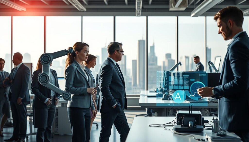 A modern office environment is depicted in the foreground, featuring a diverse group of professionals in business attire, including a woman observing a robotic arm and a man analyzing data on a holographic display. In the middle ground, there are desks with advanced computers and automation machinery, suggesting jobs threatened by AI. The background showcases a large window with a futuristic city skyline, symbolizing the evolving job market. The lighting is bright and dynamic, punctuated by soft shadows, creating a sense of urgency and innovation. The atmosphere is tense yet inspiring, reflecting the challenges and opportunities of automation and artificial intelligence in the workspace. A modern office environment is depicted in the foreground, featuring a diverse group of professionals in business attire, including a woman observing a robotic arm and a man analyzing data on a holographic display. In the middle ground, there are desks with advanced computers and automation machinery, suggesting jobs threatened by AI. The background showcases a large window with a futuristic city skyline, symbolizing the evolving job market. The lighting is bright and dynamic, punctuated by soft shadows, creating a sense of urgency and innovation. The atmosphere is tense yet inspiring, reflecting the challenges and opportunities of automation and artificial intelligence in the workspace.