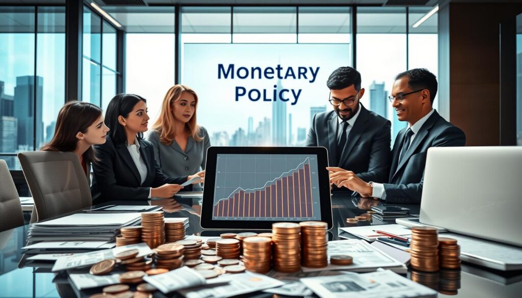 A modern office environment serves as the backdrop, featuring sleek desks and large windows overlooking a bustling cityscape symbolizing global economic activity. In the foreground, a diverse group of professionals in business attire, including a woman of Asian descent and a man of African descent, are engaged in a focused discussion around a digital tablet displaying rising inflation charts and graphs. The middle ground features stacks of coins and dollar bills, scattered financial reports, and a large screen displaying the words "Monetary Policy" in bold letters. The lighting is bright and optimistic, with soft shadows adding depth. The atmosphere conveys urgency and professionalism, emphasizing the pressing nature of inflationary pressures and restrictive monetary policies shaping the global economy.