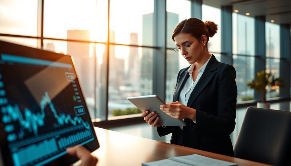 A modern office space reflecting the essence of financial technology powered by artificial intelligence. In the foreground, a sleek, digital device displays financial graphs and data analytics. The middle ground features a professional woman in business attire, thoughtfully analyzing data on a tablet, exuding confidence and focus. In the background, large glass windows offer a panoramic view of a vibrant city skyline, symbolizing growth and innovation. Soft, ambient lighting fills the space, creating a bright and engaging atmosphere. The scene is captured from a slightly elevated angle, emphasizing the dynamic connection between technology and finance, showcasing the transformative power of AI in the financial sector. A modern office space reflecting the essence of financial technology powered by artificial intelligence. In the foreground, a sleek, digital device displays financial graphs and data analytics. The middle ground features a professional woman in business attire, thoughtfully analyzing data on a tablet, exuding confidence and focus. In the background, large glass windows offer a panoramic view of a vibrant city skyline, symbolizing growth and innovation. Soft, ambient lighting fills the space, creating a bright and engaging atmosphere. The scene is captured from a slightly elevated angle, emphasizing the dynamic connection between technology and finance, showcasing the transformative power of AI in the financial sector.