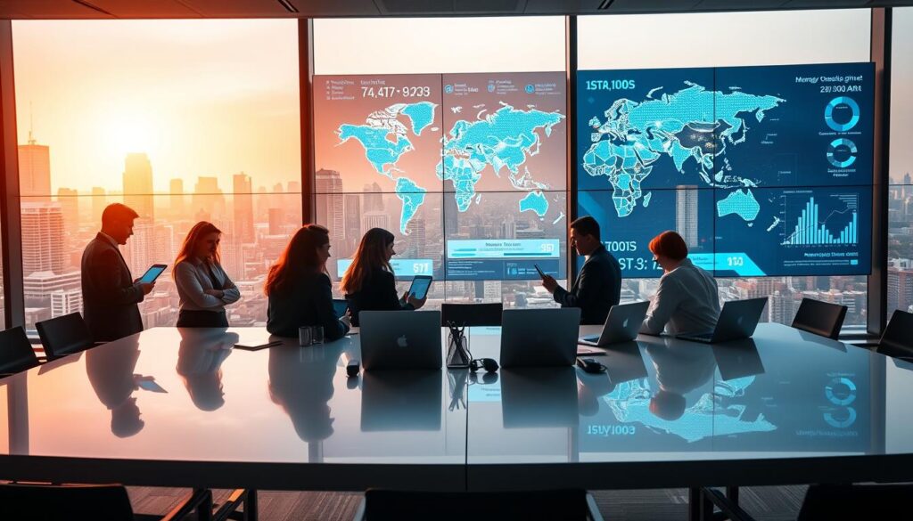 A modern office space showcasing the digitalization of international trade. In the foreground, a diverse team of professionals in business attire collaborate around a sleek conference table, analyzing digital data on laptops and tablets. The middle ground features large digital screens displaying real-time global trade statistics and a world map highlighting trade routes with dynamic graphics. In the background, a view of city skyline through large windows illuminated by warm, natural light, emphasizing a bright and optimistic atmosphere. The image captures a sense of innovation and transformation in the global commerce landscape, with a focus on technology's role in driving efficiency and connectivity.