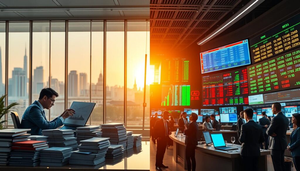 A split-screen image showing the contrasting worlds of fixed income and variable income investments. On the left (foreground), depict a serene office space with a professional in business attire analyzing charts and graphs on a laptop, surrounded by stacks of international bonds and fixed-income securities, symbolizing stability and security. On the right (foreground), illustrate a bustling stock exchange environment, with a diverse group of professionals in business attire discussing dynamic market trends, vibrant screens displaying fluctuating stock prices, and an atmosphere of energy and excitement. The middle ground blends these two settings with glass walls reflecting the sun’s warm light, while the background features iconic international finance landmarks, hinting at a global investment landscape. The overall mood should reflect contrast, professionalism, and the potential rewards of understanding these two investment approaches.