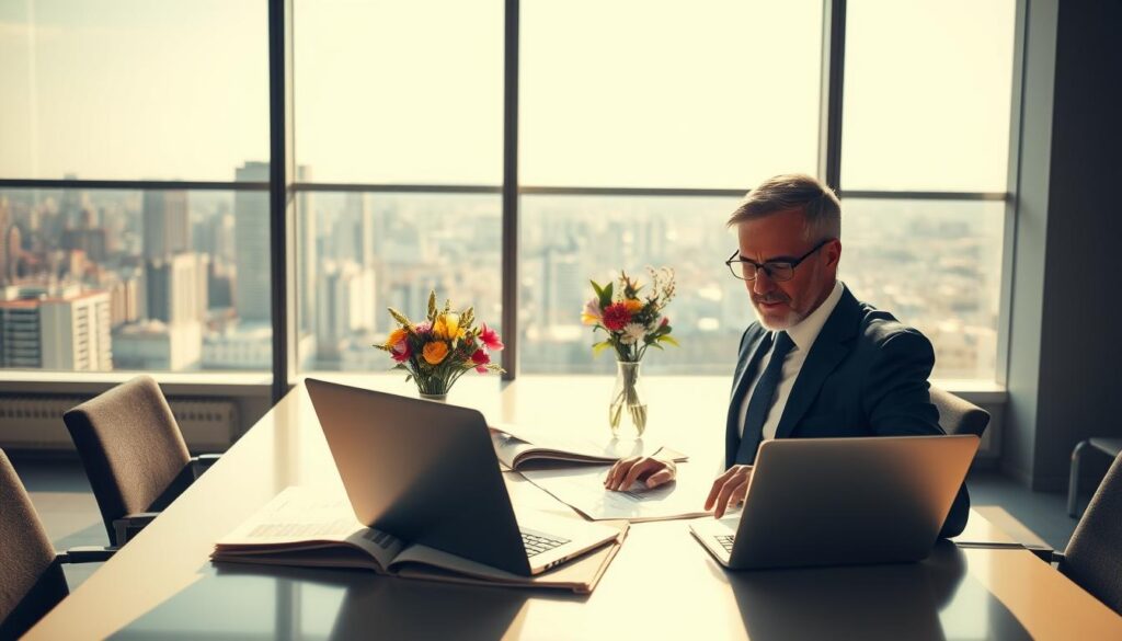 A tranquil financial office setting focused on "Investimentos em Renda Fixa." In the foreground, a well-dressed professional, a middle-aged male, analyzing financial graphs displayed on a sleek laptop. His expression shows concentration and assurance. The middle ground features a modern conference table with open financial reports, colorful charts, and a vase of fresh flowers, symbolizing growth. In the background, large windows offer a view of a bustling cityscape, under clear skies, as natural sunlight floods the room, creating an optimistic atmosphere. The lighting is warm and inviting, casting soft shadows that emphasize the details of the workspace. The overall mood is one of professionalism and stability, reflecting the influence of interest rates on investments. A tranquil financial office setting focused on "Investimentos em Renda Fixa." In the foreground, a well-dressed professional, a middle-aged male, analyzing financial graphs displayed on a sleek laptop. His expression shows concentration and assurance. The middle ground features a modern conference table with open financial reports, colorful charts, and a vase of fresh flowers, symbolizing growth. In the background, large windows offer a view of a bustling cityscape, under clear skies, as natural sunlight floods the room, creating an optimistic atmosphere. The lighting is warm and inviting, casting soft shadows that emphasize the details of the workspace. The overall mood is one of professionalism and stability, reflecting the influence of interest rates on investments.