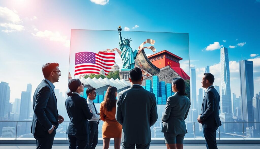 A vibrant and dynamic digital collage illustrating "Economia & Tendências Macroeconômicas". In the foreground, a diverse group of professionals in business attire, engaged in a discussion around a large digital screen displaying fluctuating economic graphs and charts. The middle layer features iconic symbols of the U.S. and Chinese economies, such as the Statue of Liberty and the Great Wall intertwined with currency notes. In the background, a futuristic city skyline with skyscrapers, blending elements of both American and Chinese architecture under a bright blue sky, symbolizes the technological competition. Utilize high contrast lighting to emphasize the economic themes, with a slight tilt-angle perspective to convey action and urgency. The atmosphere should evoke a sense of innovation, competition, and global interconnectivity.