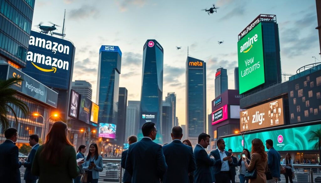 A vibrant, futuristic cityscape at dusk representing Amazon and Meta Platforms with sleek, modern architecture and digital billboards showcasing their technological innovations. In the foreground, a diverse group of professionals in business attire engages in animated discussions while using devices. The middle ground features iconic Amazon and Meta skyscrapers, illuminated with ambient blue and green lights, reflecting innovation and expansion. The background presents a skyline with elements like drones and flying vehicles symbolizing cutting-edge technology. Soft, warm light from street lamps adds a welcoming glow to the scene, while a subtle lens flare enhances the atmosphere of opportunity and growth, capturing the essence of these tech giants flourishing in an interconnected world.