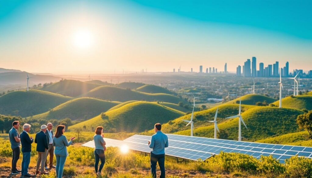 A vibrant landscape depicting Brazil’s transition to clean energy. In the foreground, a diverse group of professionals in business attire are discussing renewable energy projects, with solar panels and wind turbines visible nearby. The middle ground showcases lush green hills dotted with modern wind farms, and rows of solar panels glisten under a bright sun. In the background, the Brazilian skyline features iconic buildings, symbolizing economic growth and sustainability. The sky is clear and blue, conveying a sense of optimism and innovation. The lighting is warm, suggesting a hopeful atmosphere, while a slightly elevated angle captures the expansive view of both nature and technology harmonizing together.
