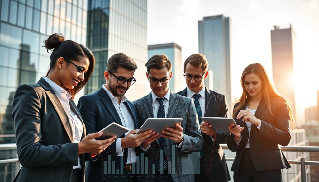 A visually striking representation of "International Fixed Income ETFs" prominently illustrated. In the foreground, a diverse group of professional investors, dressed in smart business attire, study financial charts and data on tablets, showcasing collaboration and analysis. In the middle ground, various symbols of global financial markets intertwine, such as currency graphs and line charts, creating a dynamic representation of investment strategies. The background features a modern city skyline, with glass buildings reflecting the sunlight, symbolizing growth and stability. Soft, natural lighting bathes the scene, evoking a sense of optimism and professionalism. The overall mood conveys a sense of security and confidence in investment opportunities, without any text or logos present. A visually striking representation of "International Fixed Income ETFs" prominently illustrated. In the foreground, a diverse group of professional investors, dressed in smart business attire, study financial charts and data on tablets, showcasing collaboration and analysis. In the middle ground, various symbols of global financial markets intertwine, such as currency graphs and line charts, creating a dynamic representation of investment strategies. The background features a modern city skyline, with glass buildings reflecting the sunlight, symbolizing growth and stability. Soft, natural lighting bathes the scene, evoking a sense of optimism and professionalism. The overall mood conveys a sense of security and confidence in investment opportunities, without any text or logos present.