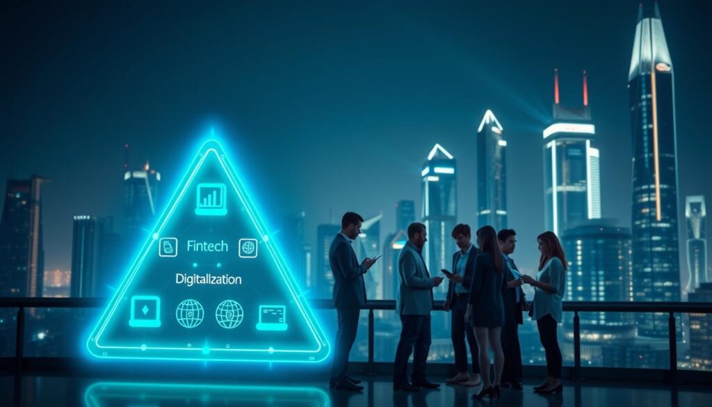 A visually striking representation of the "Digital Transformation Triangle" in financial services. In the foreground, a sleek, modern triangle composed of interconnected digital symbols representing Fintech, Digitalization, and Financial Innovation, glowing softly in vibrant blues and greens. In the middle layer, a diverse group of professionals in business attire collaborates around the triangle, using digital devices to share ideas. The background features an urban skyline with tall, futuristic buildings, illuminated by dynamic lighting that suggests progress and technology. The atmosphere is one of synergy and innovation, capturing the essence of modern financial cybersecurity threats and solutions. The composition is clear and focused, with a professional and optimistic mood.