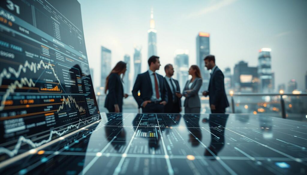 An abstract representation of artificial intelligence in financial operations. In the foreground, a sleek, digital interface displays complex financial data and algorithms, illuminated by soft glowing lines. In the middle ground, a diverse group of professionals, dressed in business attire, engages in discussion around the interface, showcasing a blend of modern technology and teamwork. In the background, a futuristic city skyline is faintly visible, symbolizing the digital finance landscape, with neon lights reflecting off of glass buildings. The overall mood is dynamic and innovative, captured through a low-angle shot that emphasizes the significance of AI in transforming financial operations. The lighting is bright yet soft, enhancing the tech-driven atmosphere without distractions.