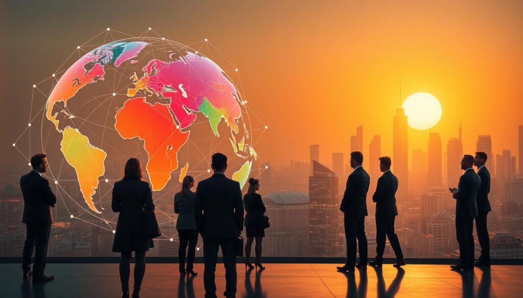 An abstract representation of global economic growth, featuring a stylized globe made of interconnected lines and digital maps, showcasing different regions highlighted by vibrant colors. In the foreground, a diverse group of professionals in business attire observe the globe, symbolizing varying perspectives on regional disparities. The middle ground depicts graphs and charts that rise upwards, indicating growth trends, while the background includes a city skyline under a bright sunrise, representing hope and opportunity. Use soft, warm lighting to create an optimistic atmosphere, captured from a slightly elevated angle to emphasize the connections between the elements, reflecting the dynamics of global economic growth amidst challenges. No text or branding present.