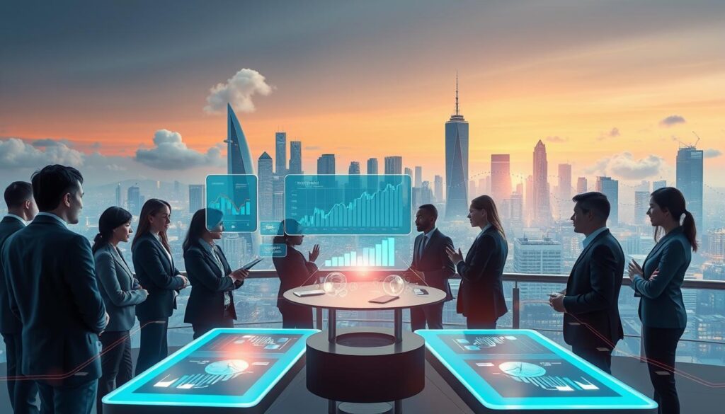 Visualize a futuristic financial landscape showcasing emerging trends in the finance sector. In the foreground, a diverse group of professionals in smart business attire engaged in discussions around digital devices displaying graphs and financial data. The middle layer features holographic financial charts and mobile apps representing open finance concepts, illuminated by soft, futuristic lighting. In the background, a sleek city skyline with modern architecture, symbolizing innovation, with clouds of data flowing around. The scene is bathed in a warm, optimistic glow, conveying a collaborative and progressive atmosphere that highlights the positive impact of technology on finance. Capture this vision from a slightly elevated angle, emphasizing both the professionals and the dynamic environment. Visualize a futuristic financial landscape showcasing emerging trends in the finance sector. In the foreground, a diverse group of professionals in smart business attire engaged in discussions around digital devices displaying graphs and financial data. The middle layer features holographic financial charts and mobile apps representing open finance concepts, illuminated by soft, futuristic lighting. In the background, a sleek city skyline with modern architecture, symbolizing innovation, with clouds of data flowing around. The scene is bathed in a warm, optimistic glow, conveying a collaborative and progressive atmosphere that highlights the positive impact of technology on finance. Capture this vision from a slightly elevated angle, emphasizing both the professionals and the dynamic environment.