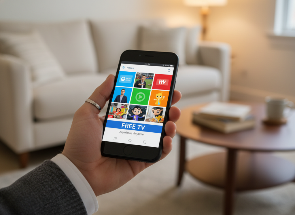 A close-up of a modern smartphone displaying a vibrant, colorful streaming interface showcasing various TV channels. In the foreground, the phone is held by a hand with well-manicured fingers, exhibiting a professional business attire. The background features a cozy living room with soft lighting, highlighting a plush sofa and a decorative coffee table. The ambiance is warm and inviting, suggesting relaxation and entertainment. A soft-focus effect enhances the phone's screen, making it the focal point while subtly blurring the room's details. The overall atmosphere evokes ease and accessibility, perfect for emphasizing the concept of free TV on mobile devices.