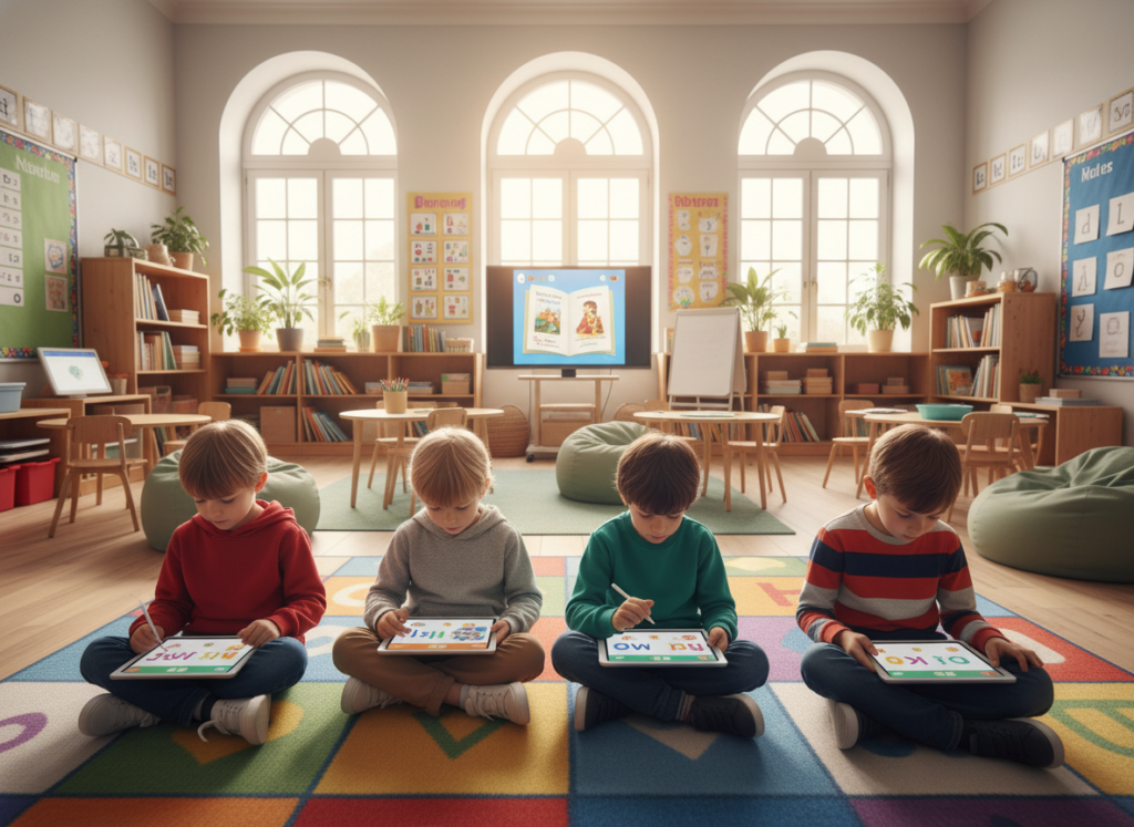 A cozy and inviting classroom scene focusing on the development of reading and writing skills through technology. In the foreground, a diverse group of children, ages 6 to 8, are attentively engaged with tablets and colorful learning apps, dressed in comfortable casual clothing. The middle layer features a bright, interactive learning space filled with bookshelves, educational posters, and soft seating. In the background, large windows allow natural light to flood the room, creating a warm atmosphere. The lighting is soft and bright, enhancing the mood of enthusiasm and curiosity. The composition is framed from a slightly elevated angle for a comprehensive view, illustrating the positive impact of applications on literacy education.