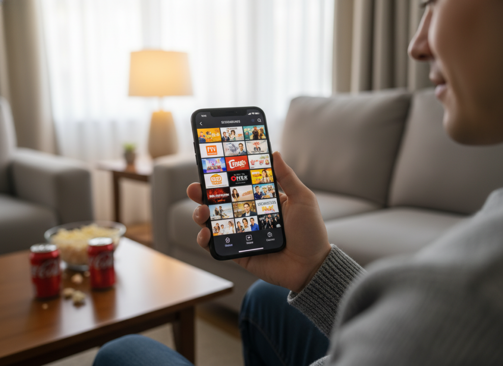A modern smartphone held in a person's hand, displaying a vibrant screen with colorful streaming channels of various TV shows. In the foreground, the phone is emphasized with a slight bokeh effect on the background. Mid-ground includes hints of a comfortable living room with a cozy sofa, soft lighting emanating from a nearby lamp to create a warm atmosphere. Subtle hints of a stylish coffee table with snacks can be seen, suggesting a relaxed viewing experience. The background features a softly blurred window with sunlight streaming in, adding to the cheerful, inviting mood. Use a close-up angle to focus on the phone, capturing the details of the screen and the person’s engaged expression, wearing casual, modest clothing.