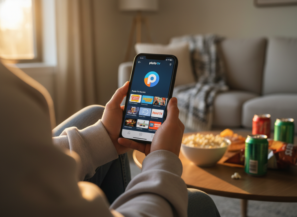 A vibrant mobile phone displaying the Pluto TV app interface, prominently featuring the logo and a selection of popular channels in an engaging layout. The phone is held by a person dressed in modest casual clothing, showcasing ease of use with a relaxed grip. In the background, a cozy living room setting with soft evening light streaming through a window, creating a warm and inviting atmosphere. A coffee table in the foreground has a few snacks, indicating a casual TV-watching experience. Capture the scene with a slight angle, emphasizing the phone's screen and creating depth. The overall mood is relaxed and enjoyable, reflecting the convenience of watching television on the go.