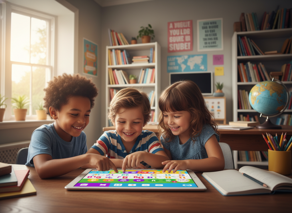 An inviting and modern digital learning environment focused on reading and writing. In the foreground, a diverse group of three children, two boys and a girl, are engaging with a colorful tablet displaying a vibrant app interface filled with letters, words, and interactive exercises. The middle background shows a cozy room lined with shelves of books and educational posters, all bathed in warm, natural light coming from a large window. A globe and a writing desk with school supplies are positioned to the side, adding to the scholarly atmosphere. The overall mood is cheerful and encouraging, ideal for fostering a love of learning. The angle captures the children's focused expressions, highlighting enjoyment and engagement in their educational experience.